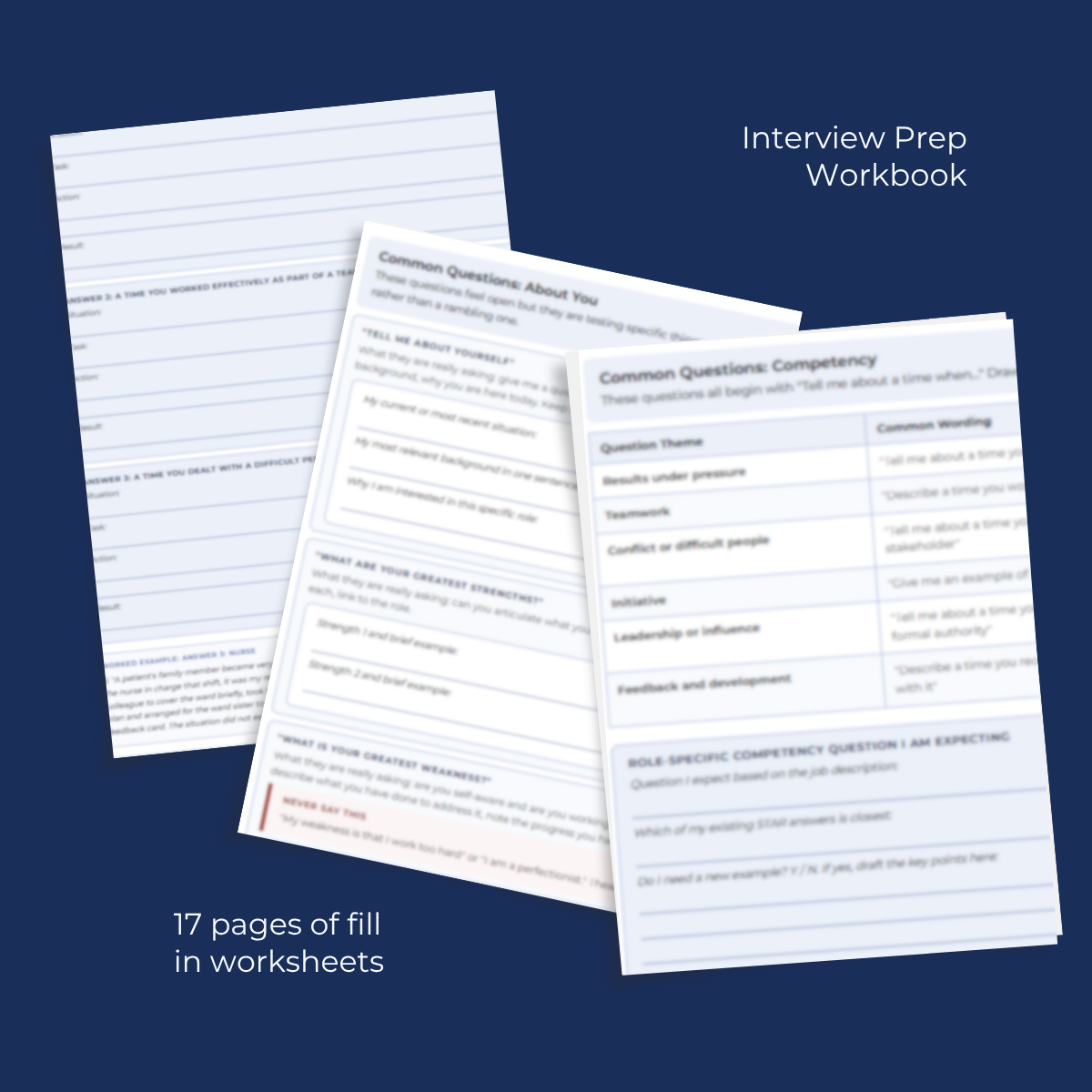 c3-interview-prep-workbook-inside-pages.jpg Inside pages of Interview Prep Workbook showing STAR answer builders and common question frameworks