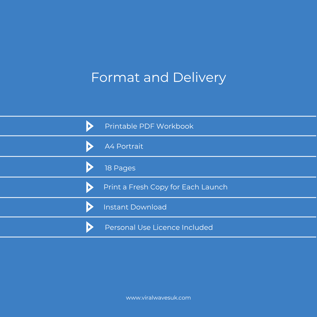s3-digital-product-launch-planner-format-delivery.jpg Printable PDF workbook A4 portrait 18 pages instant download personal use licence