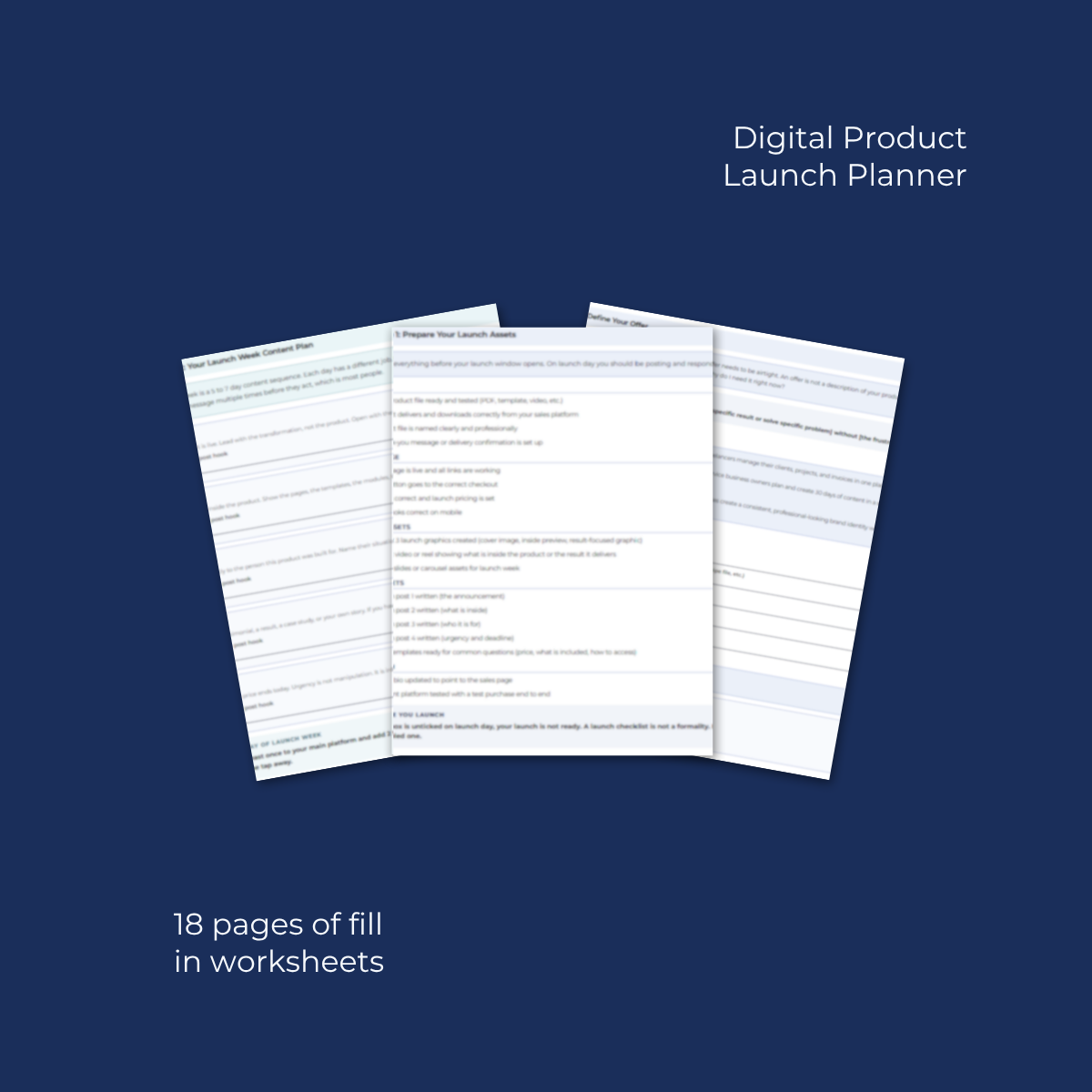 s3-digital-product-launch-planner-inside-pages.jpg Inside pages of Digital Product Launch Planner showing pre launch warm up and launch week sequence