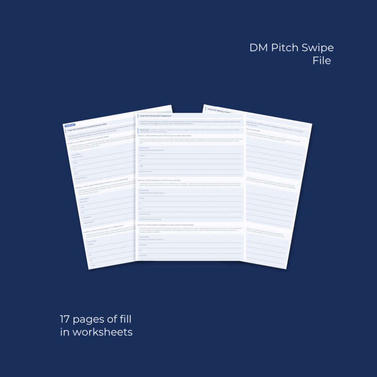 Inside pages of DM Pitch Swipe File showing HRVC formula and cold intro pitch templates