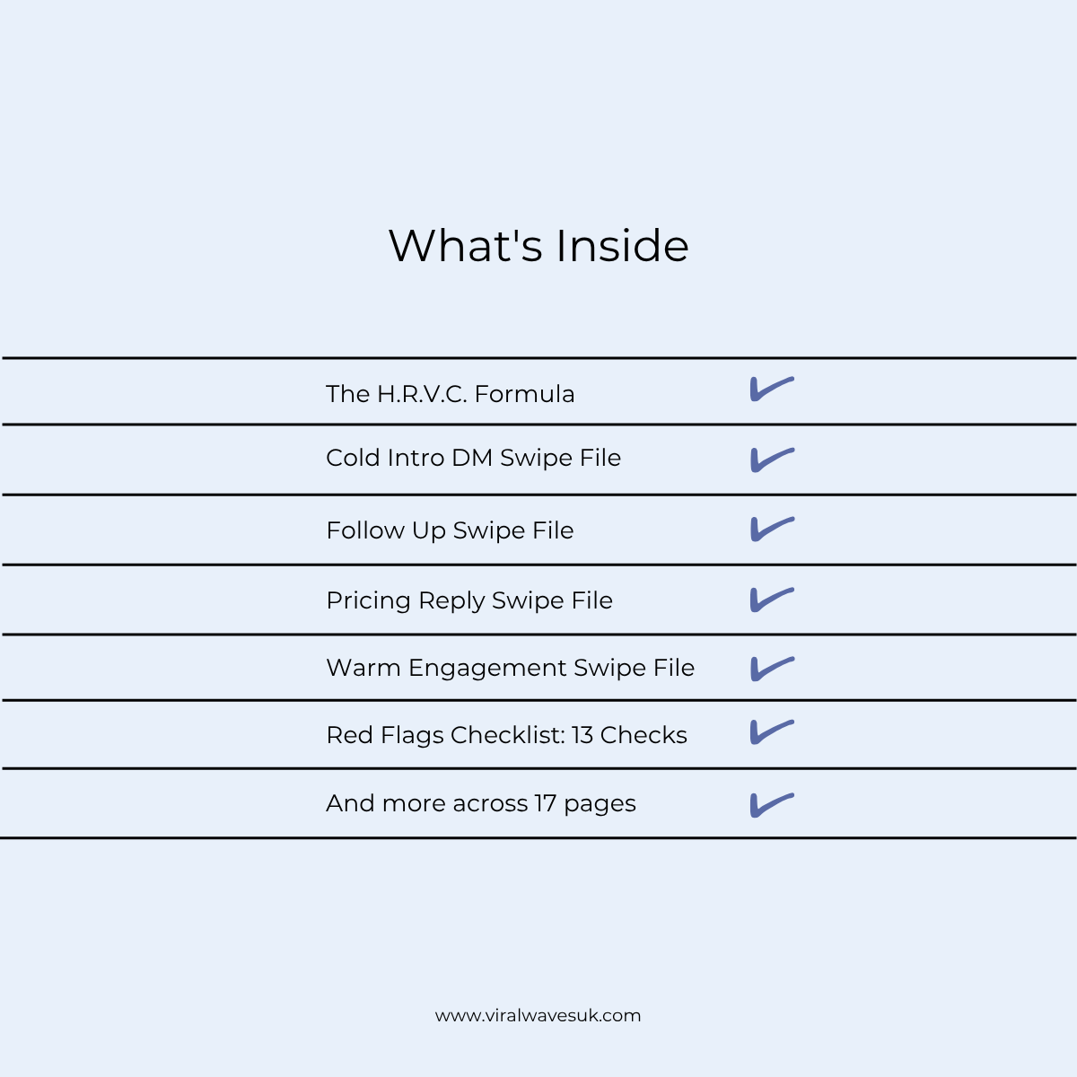 s5-dm-pitch-swipe-file-whats-inside.jpg DM Pitch Swipe File contents: 17 pages, 30 plus messages across 6 categories and outreach tracker
