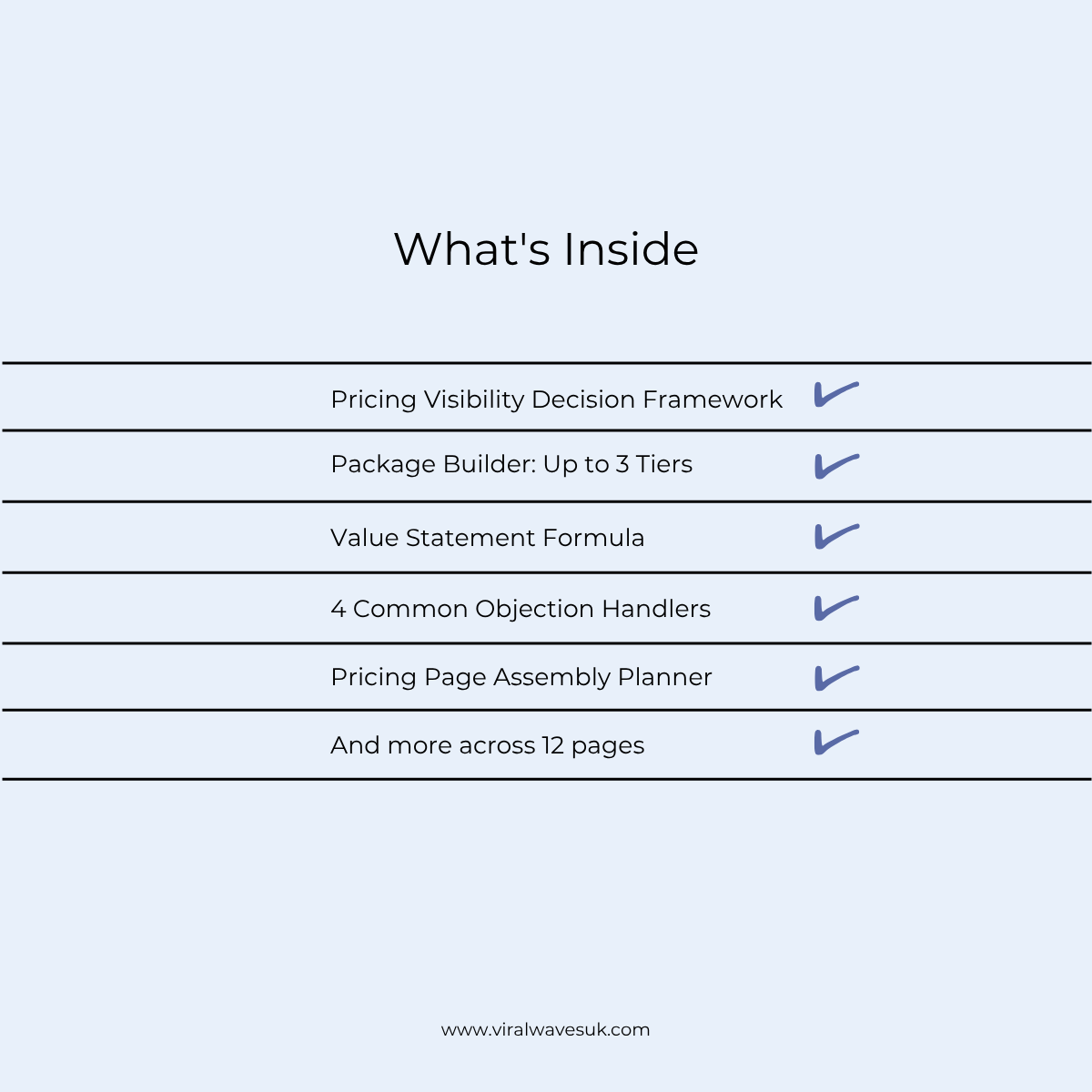 p10-pricing-page-guide-whats-inside.jpg Pricing Page Guide contents: 12 pages, package builder, objection handler and 15 point strength checklist