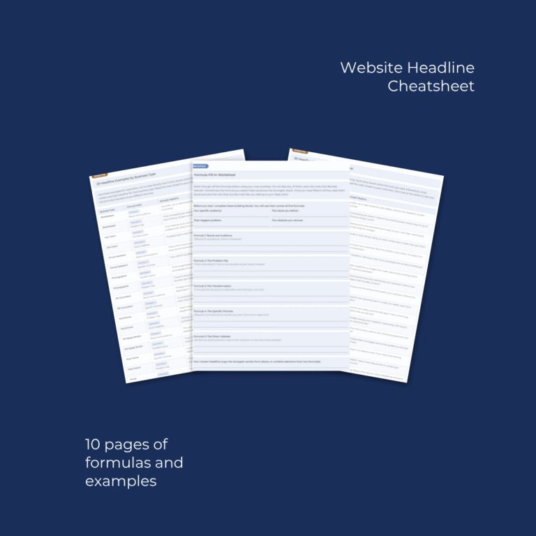Inside pages of Website Headline Cheatsheet showing 5 headline formulas and worked examples