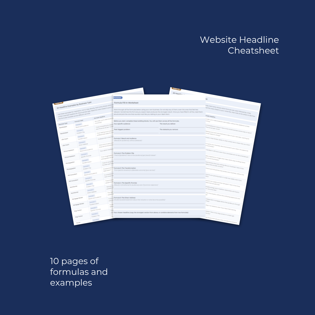 Inside pages of Website Headline Cheatsheet showing 5 headline formulas and worked examples