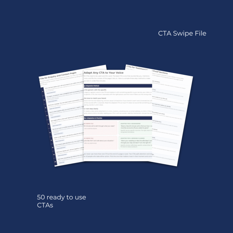Inside pages of CTA Swipe File showing 50 call to action examples organised by placement