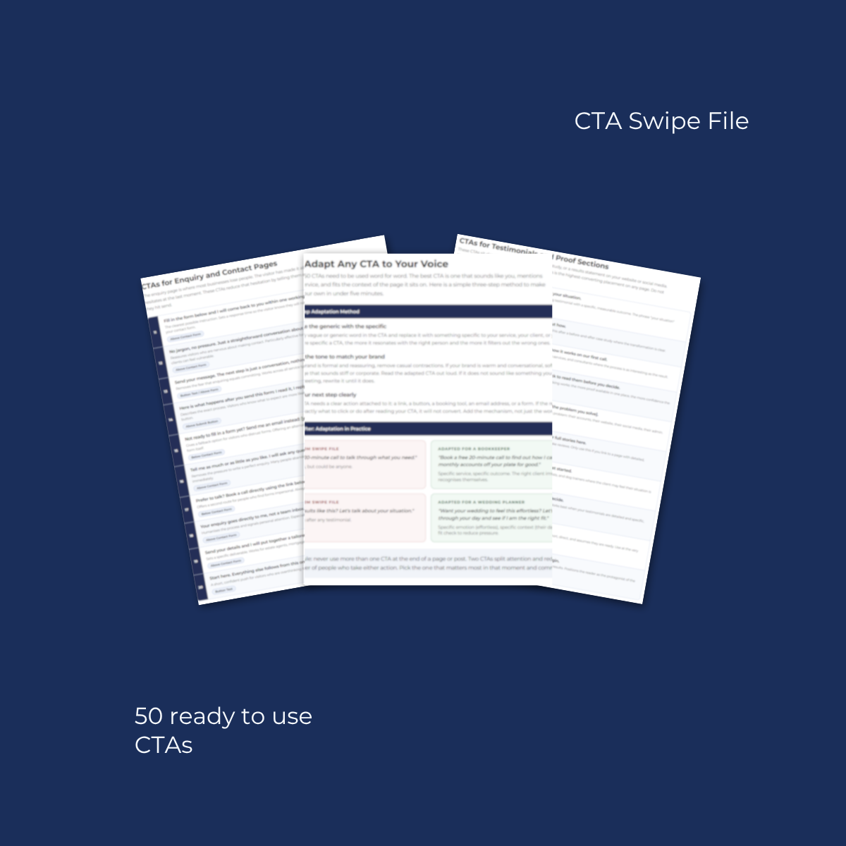 Inside pages of CTA Swipe File showing 50 call to action examples organised by placement